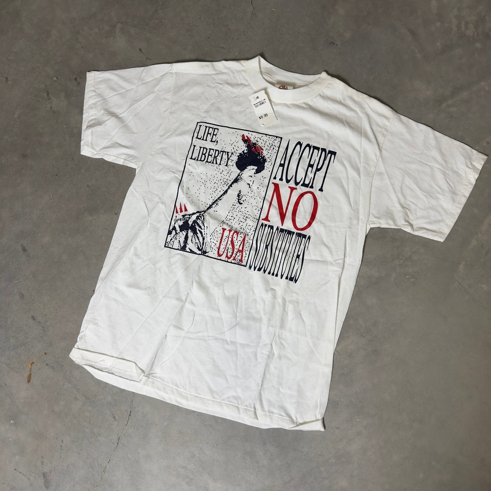 Vintage PM Graphic Tee Mens Large White Life Liberty USA 4th of July Streetwear‎